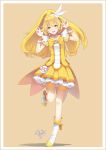  2012 bike_shorts blonde_hair blush boots bow choker cure_peace dated double_v dress efmoe kise_yayoi long_hair looking_at_viewer magical_girl open_mouth ponytail precure shorts_under_skirt skirt smile smile_precure! solo standing_on_one_leg tiara v wrist_cuffs yellow_dress yellow_eyes 