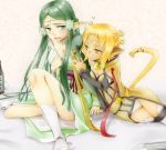  akisyuuno alicia_rue animal_ears blonde_hair blue_eyes blush bottle breasts cleavage drunk ear_covers elf green_hair hair_tubes heart long_hair multiple_girls open_mouth panties pointy_ears sakuya_(sao) short_hair sitting sword_art_online tail thigh-highs thighhighs underwear white_panties yellow_eyes 