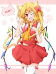  ;d animal_ears bell blonde_hair blush bow cat_ears cat_tail flandre_scarlet hair_bow highres karamoneeze kemonomimi_mode no_hat no_headwear open_mouth red_eyes side_ponytail skirt smile solo tail tail_bell thigh-highs thighhighs touhou white_legwear wings wink 