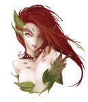  aa2233a bare_shoulders breasts collar extra_ears jewelry leaf league_of_legends long_hair monster_girl orange_eyes red_hair redhead signature simple_background smile solo white_background zyra 
