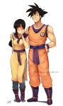  1girl adult bangle black_hair blush boots bracelet breasts chichi chinese_clothes closed_eyes couple dougi dragon_ball embarrassed eyes_closed faustsketcher hand_on_shoulder height_difference highres husband_and_wife jewelry long_hair muscle pants sleeveless son_gokuu wristband 