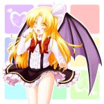  :d aka_tawashi bat_wings blonde_hair blush bow dress hair_ribbon highres kurumi_(touhou) long_hair open_mouth panties pantyshot revision ribbon smile solo suspenders touhou touhou_(pc-98) underwear white_panties wings yellow_eyes 