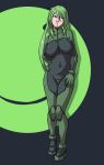  1girl armored_core armored_core:_for_answer bodysuit breasts contrapposto crotch_plate dave_cheung green green_eyes green_hair hand_on_hip large_breasts long_hair may_greenfield pigeon-toed solo 