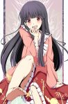  1girl arm_support barefoot black_hair blush feet hand_to_mouth hime_cut houraisan_kaguya long_hair long_skirt open_mouth pov_feet red_eyes revision sawade sitting skirt smile soles solo toes touhou very_long_hair 
