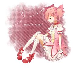  bubble_skirt kaname_madoka magical_girl mahou_shoujo_madoka_magica pink_background pink_hair short_hair solo title_drop 