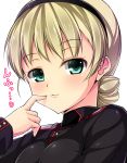  blonde_hair blush bust female green_eyes heart kuragari looking_at_viewer rosalie_de_hemricourt_de_grunne simple_background smile solo spoken_heart strike_witches text translated translation_request white_background 