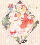  :o ascot bat_wings blonde_hair blue_hair blush brooch crystal dress flandre_scarlet hat hat_ribbon head_wings highres jewelry mary_janes multiple_girls open_mouth red_eyes remilia_scarlet ribbon shoes short_hair siblings side_ponytail sisters skirt smile touhou wings 