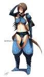  armor arrow baggy_pants bow_(weapon) breasts brown_hair criss-cross_halter detached_sleeves faustsketcher fishnets greaves halter_top halterneck large_breasts monster_hunter monster_hunter_3 multiple_belts nargacuga_(armor) panties pauldrons quiver short_hair solo underwear weapon 