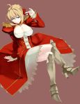  ahoge blonde_hair breasts cleavage crossed_legs fate/extra fate_(series) green_eyes hair_bun hair_ribbon high_heels kirisato_itsuki large_breasts legs legs_crossed long_legs revision ribbon saber_extra shoes short_hair simple_background sitting smile solo thighs 