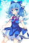  blue_eyes blue_hair bow cirno dress felicia-val hair_bow ice ice_wings open_mouth ribbon short_hair short_sleeves smile snow snow_flakes snowflakes solo touhou wings 
