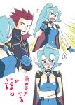  1boy 1girl blue_eyes blue_hair blush breast_hold cape crossed_arms earrings gloves gym_leader high_ponytail ibuki_(pokemon) jewelry mo-mo pokemon pokemon_(game) pokemon_hgss red_hair redhead shoulder_pads spiked_hair spiky_hair translation_request wataru_(pokemon) 