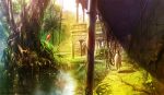  building cape from_behind original ruins scenery short_hair solo takano_takao tree vines water 