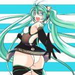  aqua_eyes ass elbow_gloves gloves green_hair hatsune_miku leotard long_hair looking_back minazuki_itto open_mouth outstretched_arm race_queen racequeen solo striped striped_background twintails very_long_hair vocaloid 