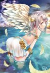  armlet bangle bare_shoulders bent_over blush bracelet cloud feathers grey_eyes hair_ornament hands_on_thighs haruken highres jewelry leaning_forward long_hair looking_back midriff original partially_submerged silver_eyes silver_hair single_wing skirt sky smile solo wading water wings 