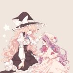  :d ^_^ blonde_hair bow braid closed_eyes crescent eyes_closed hair_bow hair_ribbon hat karunabaru kirisame_marisa long_hair multiple_girls open_mouth patchouli_knowledge purple_eyes purple_hair ribbon single_braid sitting smile striped tears touhou violet_eyes white_background witch_hat 