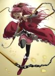  arm_up armpits black_legwear boots bow detached_sleeves dress fangs fujimaruu hair_bow highres holding knee_boots long_hair long_sleeves looking_at_viewer magical_girl mahou_shoujo_madoka_magica open_mouth outstretched_arm ponytail red_dress red_eyes red_hair redhead sakura_kyouko skirt smile solo standing_on_one_leg thigh-highs thighhighs weapon zettai_ryouiki 
