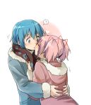  2girls blue_eyes blue_hair closed_eyes coat eyes_closed kaname_madoka kiss mahou_shoujo_madoka_magica miki_sayaka multiple_girls pink_hair scarf short_hair short_twintails twintails yoplait yuri 