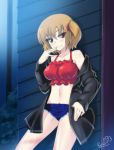  1girl bare_legs bare_shoulders blush breasts brown_eyes brown_hair butter-t coat cutoffs female midriff navel night original short_hair short_shorts shorts smile solo twintails 