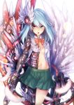  :o asymmetrical_wings blue_hair feathers hair_ornament heterochromia long_hair looking_at_viewer mechanical_arm mechanical_leg mechanical_wings navel no_bra open_clothes open_shirt original pink_eyes ros shirt skirt solo white_shirt white_wings wings 