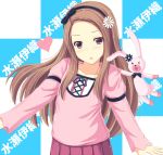  :o brown_hair collarbone forehead hair_ornament heart highres idolmaster long_hair minase_iori mizunashi_kenichi pink_eyes pink_hair pleated_skirt skirt solo stuffed_animal stuffed_bunny stuffed_toy the_idolm@ster translated translation_request 