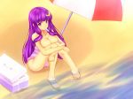  barefoot beach beach_umbrella breasts cleavage crescent feet_in_water highres hoshino_yami leg_hug long_hair mouth_hold patchouli_knowledge popsicle purple_eyes purple_hair sitting soaking_feet solo swimsuit touhou violet_eyes water 