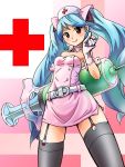  belt blue_hair garter_straps gloves hatsune_miku koiiro_byoutou_(vocaloid) long_hair nurse oversized_object pointing red_eyes smile solo syringe thigh-highs thighhighs twintails very_long_hair vocaloid 