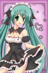  absurdres alternate_costume breasts cleavage enmaided frills green_eyes green_hair hatsune_miku highres long_hair maid maid_headdress open_mouth sakurai_koushi skirt skirt_hold solo twintails very_long_hair vocaloid 