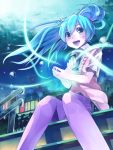  aqua_eyes aqua_hair blush cityscape floating_hair hatsune_miku open_mouth revision sitting solo stairs sweater_vest thigh-highs thighhighs umeboshitora vocaloid 