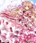  :d animal_ears blonde_hair blush cat_ears dress flower hair_ribbon long_hair nanase_nao open_mouth original petals red_eyes ribbon smile solo wind wrist_cuffs 