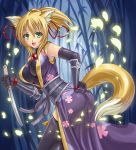 animal_ears black_legwear blonde_hair breasts dog_days elbow_gloves fox_ears fox_tail gloves green_eyes hobenkei large_breasts long_hair open_mouth petals ponytail short_sword solo sword tail thigh-highs thighhighs weapon yukikaze_panettone 