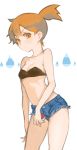  1girl bare_shoulders bikini_top breasts cleavage denim denim_shorts gj holding holding_poke_ball kasumi_(pokemon) looking_at_viewer midriff misty_(pokemon) navel orange_eyes orange_hair poke_ball pokemon pokemon_(game) pokemon_frlg pokemon_rgby shorts side_ponytail solo water_drop white_background 