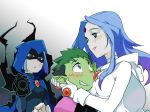  2girls artist_request beast_boy beast_boy_(dc) blush breast_press cape dc_comics dual_persona gloves green_skin head_hold hug jealous jewelry long_hair magic multiple_girls pale_skin raven_(dc) short_hair teen_titans 