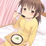  bed brown_eyes brown_hair copyright_request eating food meow_(nekodenki) original solo 