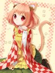  animal_ears apron bell blush brown_eyes cat_ears cat_tail character_name checkered clothes_writing hair_bell hair_ornament jingle_bell kemonomimi_mode long_hair looking_at_viewer motoori_kosuzu nunucco paw_pose paw_print red_eyes red_hair redhead short_hair solo tail touhou twintails 