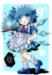  &#9320; ? alternate_costume alternate_hairstyle anger_vein apron blue_dress blue_eyes blue_hair blush cake cirno cup dress enmaided fang food frozen gibuchoko heart highres ice_block maid maid_headdress number open_mouth revision short_hair side_ponytail solo teacup touhou tray wings wrist_cuffs ã¢â€˜â¨ â‘¨ 