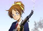 brown_hair gun hirasawa_ui k-on! m1_garand ponytail ribbon rifle school_uniform smoke solo suupii weapon 