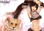  brown_eyes brown_hair character_name cleavage cougar_(animal) detached_sleeves earrings forehead_jewel highres jewelry league_of_legends lips long_hair navel necklace nidalee open_mouth ponytail red_eyes smile teeth tribal under_boob underboob zhang_xiao_bo 