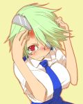  arms_up blush breasts bruise eyepatch from_above green_hair hair_ornament hair_over_one_eye hand_on_head impossible_clothes impossible_shirt injury kurokuro large_breasts looking_at_viewer looking_up open_mouth otonashi_kiruko red_eyes shinmai_fukei_kiruko-san short_hair skirt solo tears uniform 