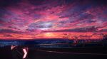  city_lights clouds cloudy_sky commentary_request horizon kaminami_yoshitaka lens_flare light_particles mountainous_horizon no_humans original outdoors pink_clouds road road_sign scenery sign sky sunset 