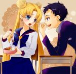  1girl :o annoyed bishoujo_senshi_sailor_moon black_hair blonde_hair blue_eyes bow chopsticks doily double_bun food food_on_face gakuran hair_bun kiyoka_1015 obentou school_uniform seiya_kou serafuku table tsukino_usagi 