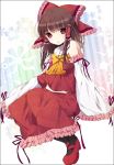  ari_suzushi black_legwear bow brown_hair detached_sleeves frame hair_bow hair_tubes hakurei_reimu half_updo long_hair long_sleeves looking_at_viewer mary_janes open_mouth pantyhose red_eyes red_shoes shirt shoes sitting skirt skirt_set solo touhou wide_sleeves 