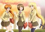  :d ^_^ autumn bag black_legwear blonde_hair blush bookbag bow breasts brown_eyes brown_hair brown_legwear closed_eyes diesel-turbo eyes_closed fate_testarossa female hair_bow hair_ornament holding leaf long_hair long_sleeves low-tied_long_hair lyrical_nanoha mahou_shoujo_lyrical_nanoha mahou_shoujo_lyrical_nanoha_a&#039;s mahou_shoujo_lyrical_nanoha_a's multiple_girls open_mouth pantyhose purple_eyes ribbon school_briefcase school_uniform side_ponytail skirt smile socks takamachi_nanoha teenage thigh-highs thighhighs tree violet_eyes yagami_hayate zettai_ryouiki 