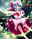  ascot bat_wings blue_hair cloud clouds cross finger_in_mouth flower full_moon graveyard moon night petals red_eyes remilia_scarlet revision rugo shirt short_hair skirt skirt_set sky solo star_(sky) touhou upskirt vines wind wings wrist_cuffs 