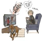  animalization chainsaw comic dog english helena_harper lanimalu leon_s_kennedy monster playing_games resident_evil resident_evil_6 scared sitting television ubitsvo 