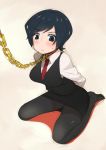  black_eyes black_hair blush chain chains collar copyright_request kneeling office_lady pantyhose short_hair skirt solo vest 