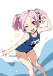  ;d \m/ amakasu_mayo blush collarbone inue_shinsuke long_hair looking_at_viewer maji_de_watashi_ni_koi_shinasai! name_tag open_mouth pink_eyes pink_hair sample school_swimsuit smile solo star swimsuit twintails wink 