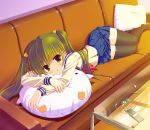  cable cable_divider couch digital_media_player green_hair headphones highres ipod lying on_side original pillow revision saitou_tsukasa school_uniform serafuku skirt solo thigh-highs thighhighs twintails zettai_ryouiki 