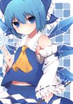  ari_suzushi ascot bandage bandages bare_shoulders blue_eyes blue_hair bow cirno cosplay detached_sleeves fang gohei hair_bow hakurei_reimu hakurei_reimu_(cosplay) long_sleeves looking_at_viewer midriff navel sarashi shirt short_hair skirt skirt_set smile solo spell_card touhou wide_sleeves wings 