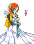  bare_shoulders bouquet breasts bridal_veil cleavage dress eyeshadow flower hair_down jewelry large_breasts long_hair makeup maniacpaint midna necklace neon_trim orange_hair pointy_ears red_eyes smile solo spoilers strapless_dress the_legend_of_zelda twili_midna twilight_princess veil wedding_dress 
