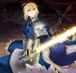  ahoge armor armored_dress blonde_hair character_name command_spell dress excalibur fate/zero fate_(series) glowing glowing_sword glowing_weapon green_eyes hair_ribbon kyou_zip revision ribbon saber solo sword title_drop weapon 